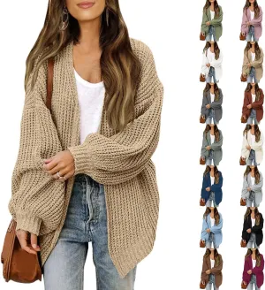 Womens Cardigan Sweaters Loose Fit Chunky Open Front Cardigan Oversized Cable Knit Sweaters with Pockets