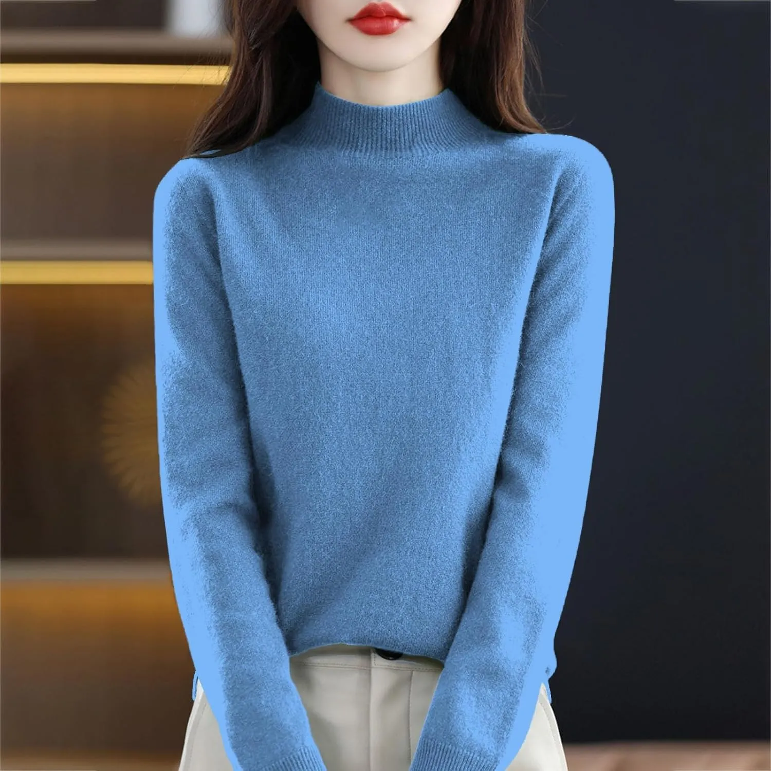 Womens Cashmere Sweaters Soft Half Turtleneck Long Sleeve Wool Sweater Tops Solid Lightweight Knit Pullover Tops