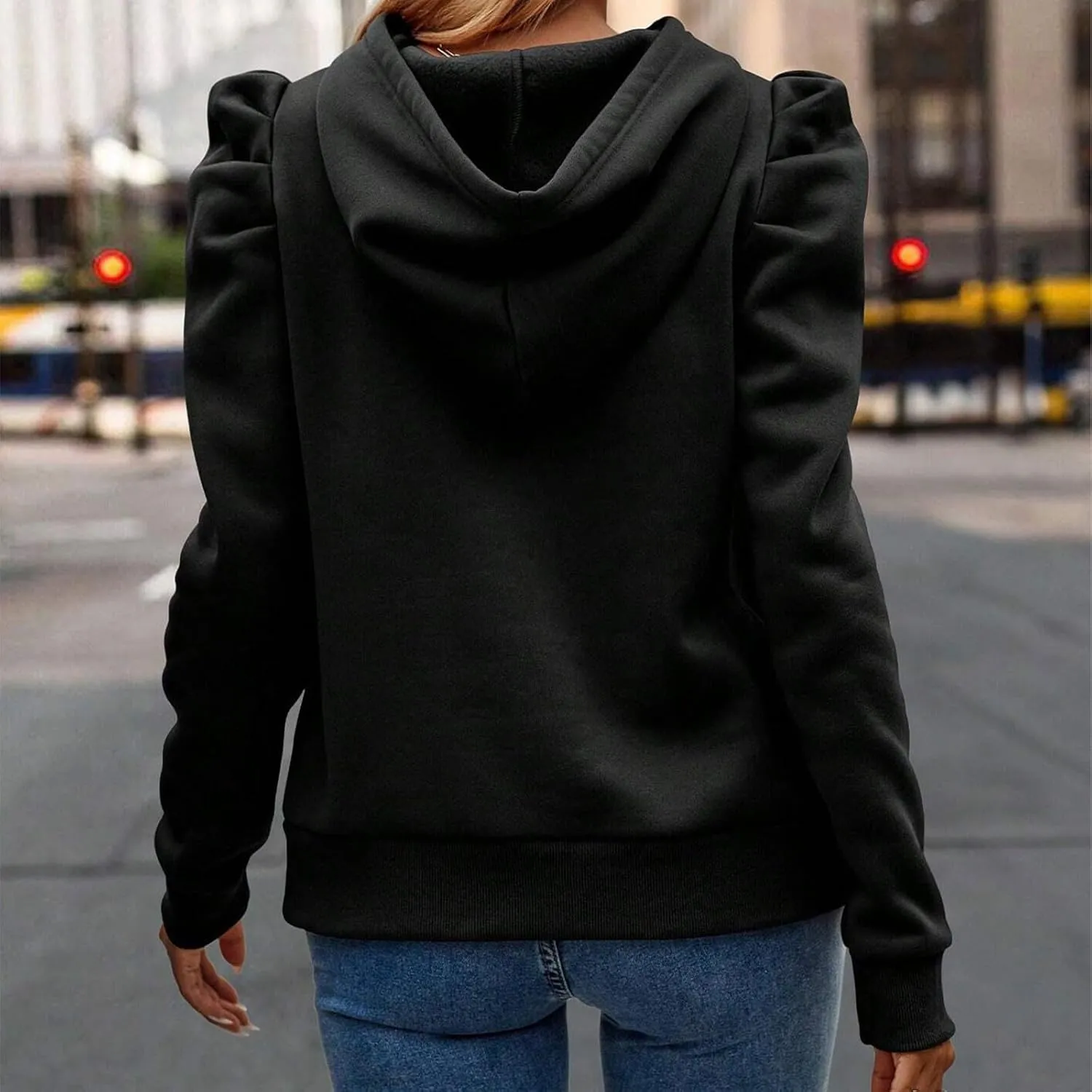 Womens Casual Cropped Hoodies Long Puff Sleeve Crop Tunics Pullover Drawstring Cute Tops Trendy Fall Outfits 2024