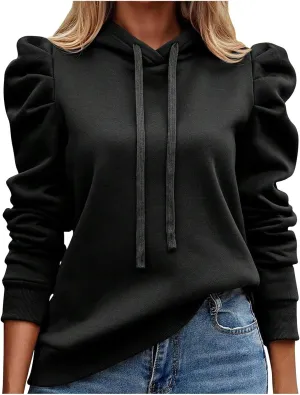 Womens Casual Cropped Hoodies Long Puff Sleeve Crop Tunics Pullover Drawstring Cute Tops Trendy Fall Outfits 2024