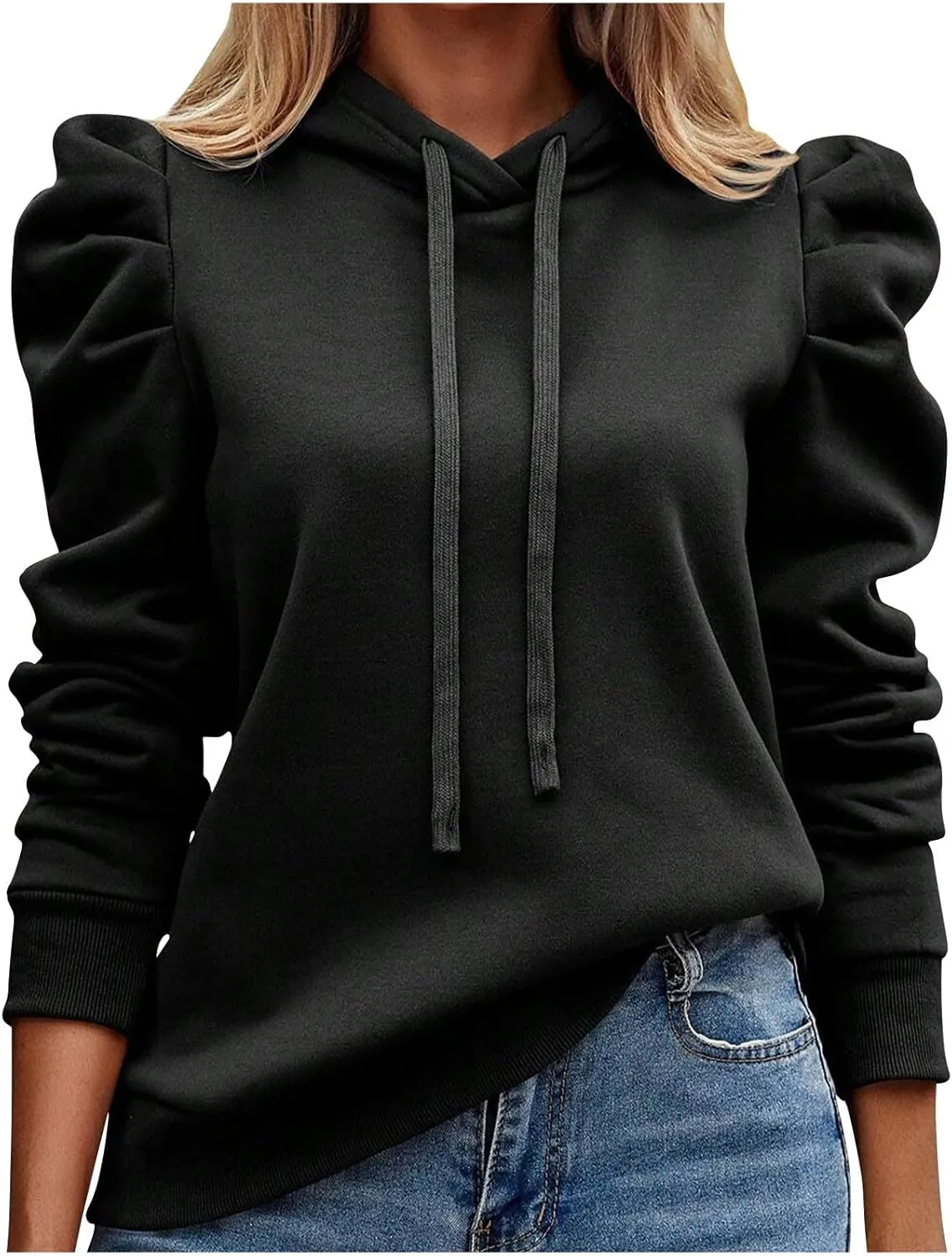 Womens Casual Cropped Hoodies Long Puff Sleeve Crop Tunics Pullover Drawstring Cute Tops Trendy Fall Outfits 2024