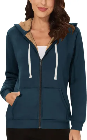 Women's Casual Full Zip Up Sherpa Lined Hoodie Drawstring Hooded Sweatshirts Soft Fleece Winter Warm Plain Jacket Coats