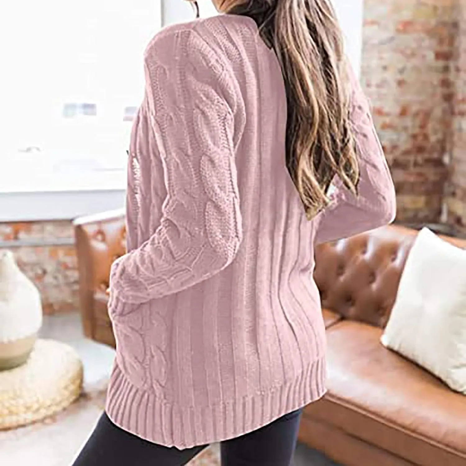 Womens Casual Long Sleeve Button Cardigan Open Front Cable Knit Sweater Outwear Loose Cardigans with Pockets