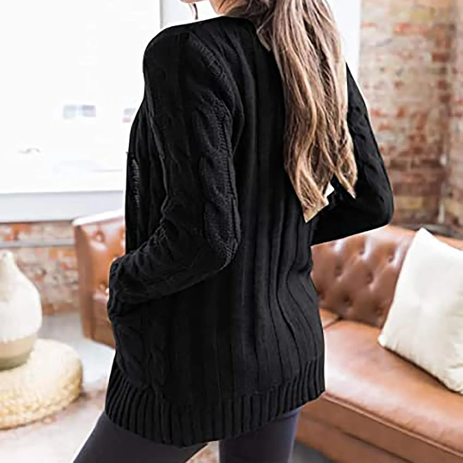 Womens Casual Long Sleeve Button Cardigan Open Front Cable Knit Sweater Outwear Loose Cardigans with Pockets