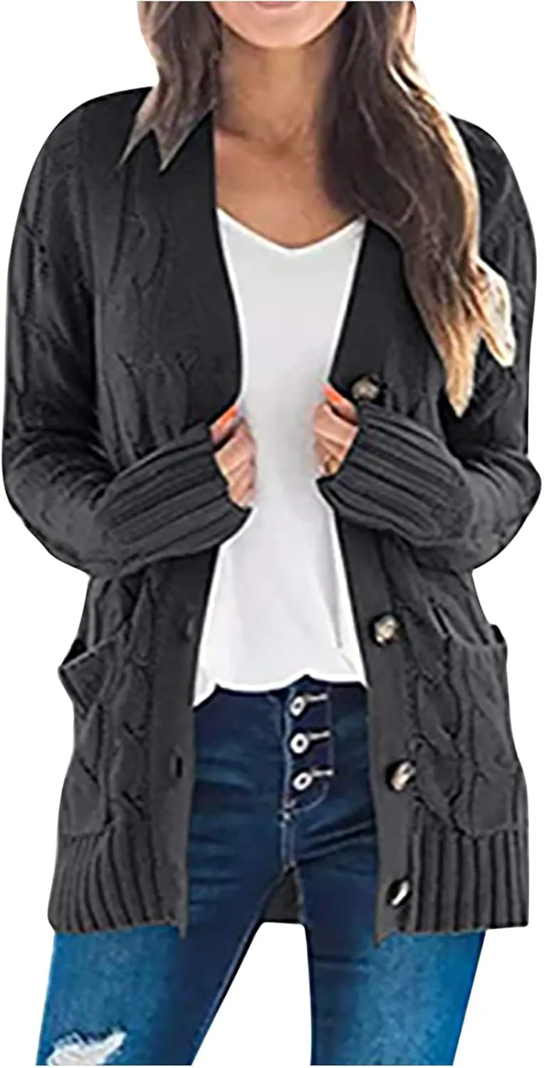 Womens Casual Long Sleeve Button Cardigan Open Front Cable Knit Sweater Outwear Loose Cardigans with Pockets