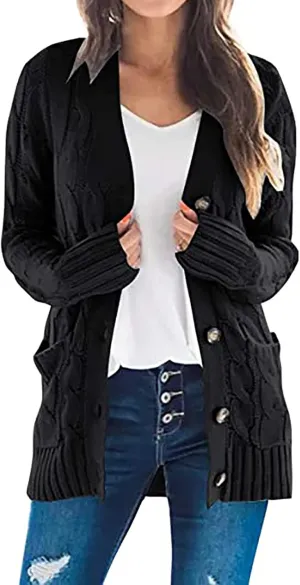 Womens Casual Long Sleeve Button Cardigan Open Front Cable Knit Sweater Outwear Loose Cardigans with Pockets