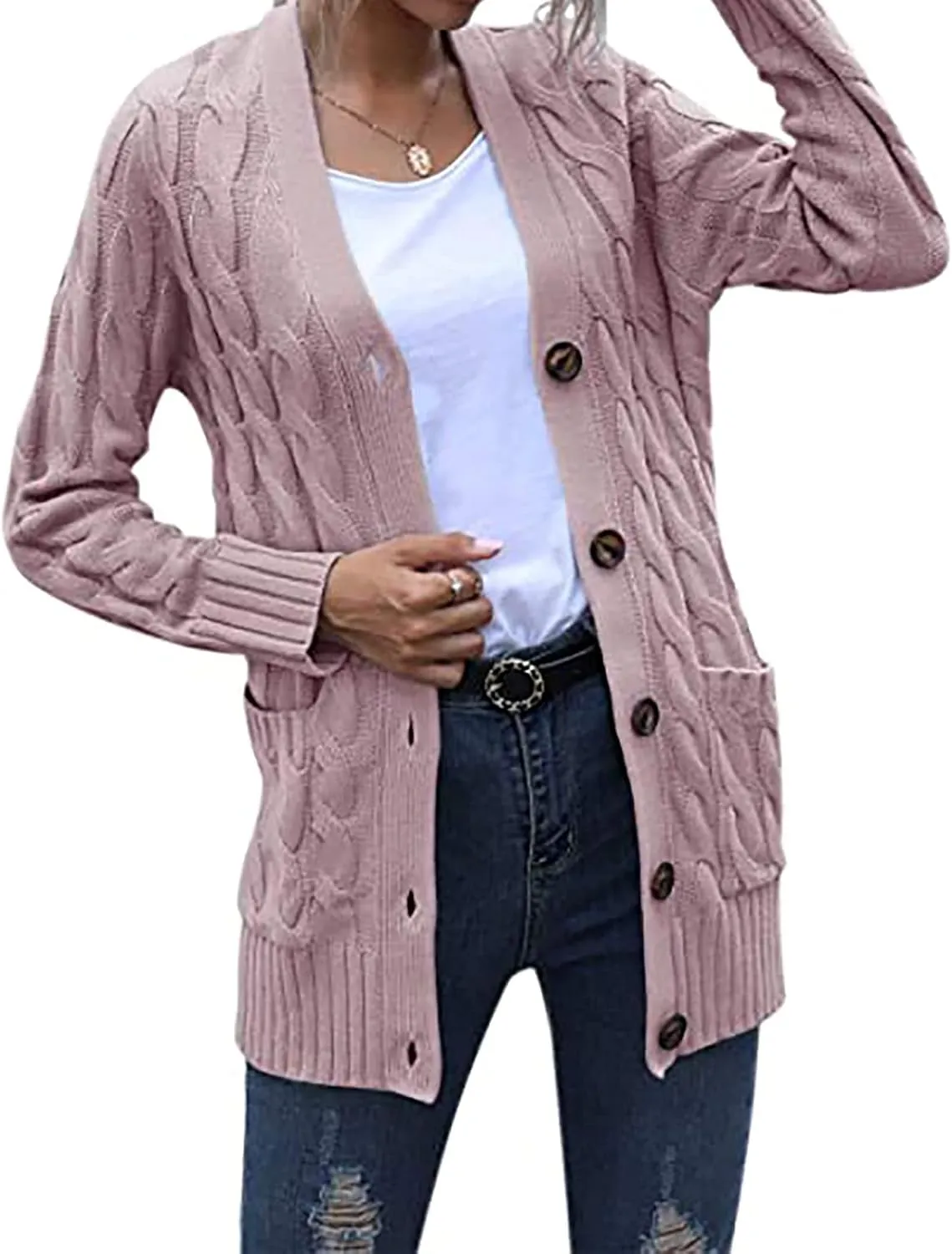 Womens Casual Long Sleeve Button Cardigan Open Front Cable Knit Sweater Outwear Loose Cardigans with Pockets