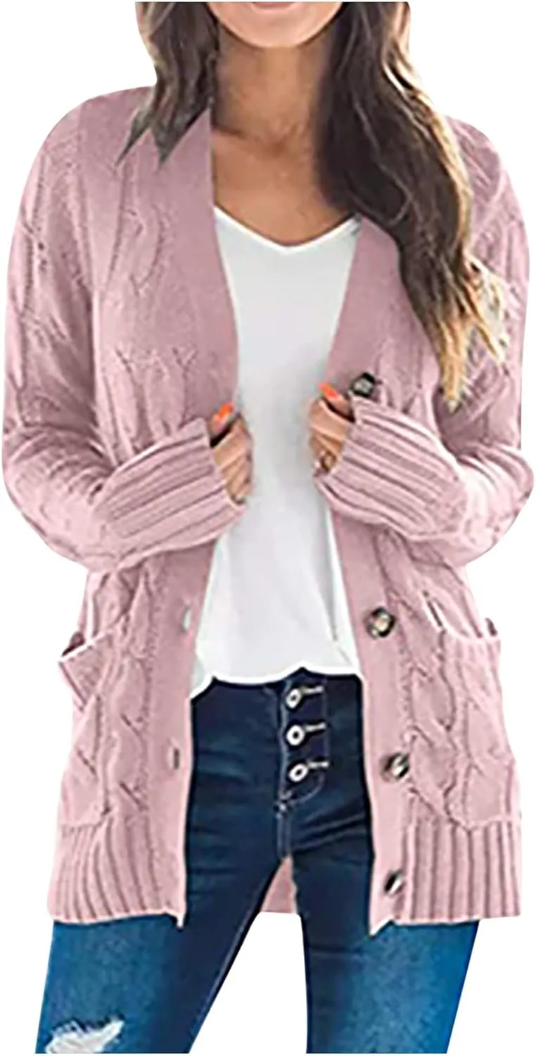 Womens Casual Long Sleeve Button Cardigan Open Front Cable Knit Sweater Outwear Loose Cardigans with Pockets