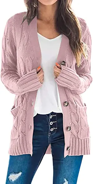 Womens Casual Long Sleeve Button Cardigan Open Front Cable Knit Sweater Outwear Loose Cardigans with Pockets