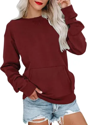 Women'S Casual Long Sleeve Pullover Sweatshirt, Cozy Crewneck Top With Pocket Comfortable Fall