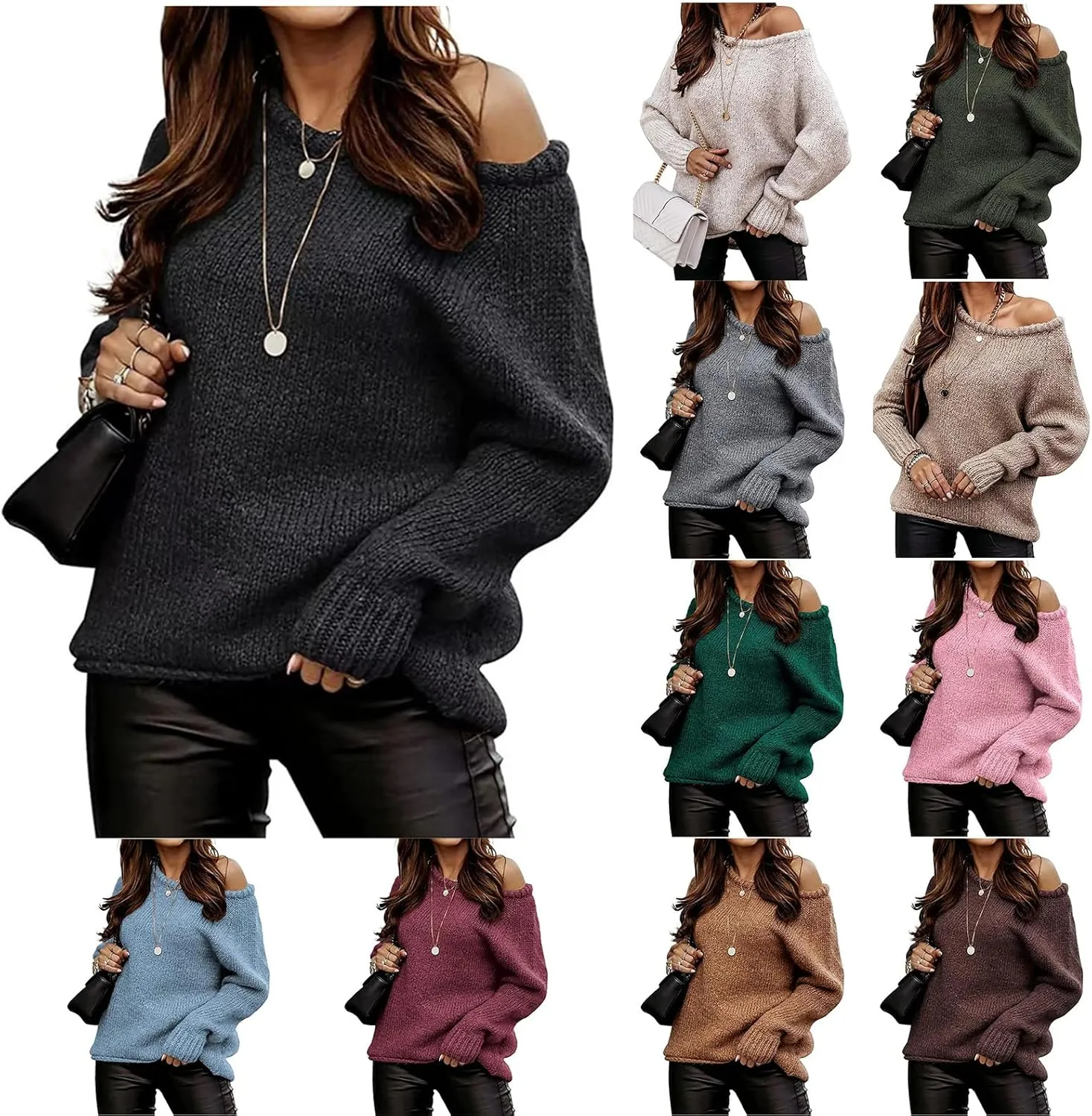 Womens Casual Sweaters Lightweight Long Sleeve Soft Ribbed Knitted Pullover Off Shoulder Loose Fit Jumper