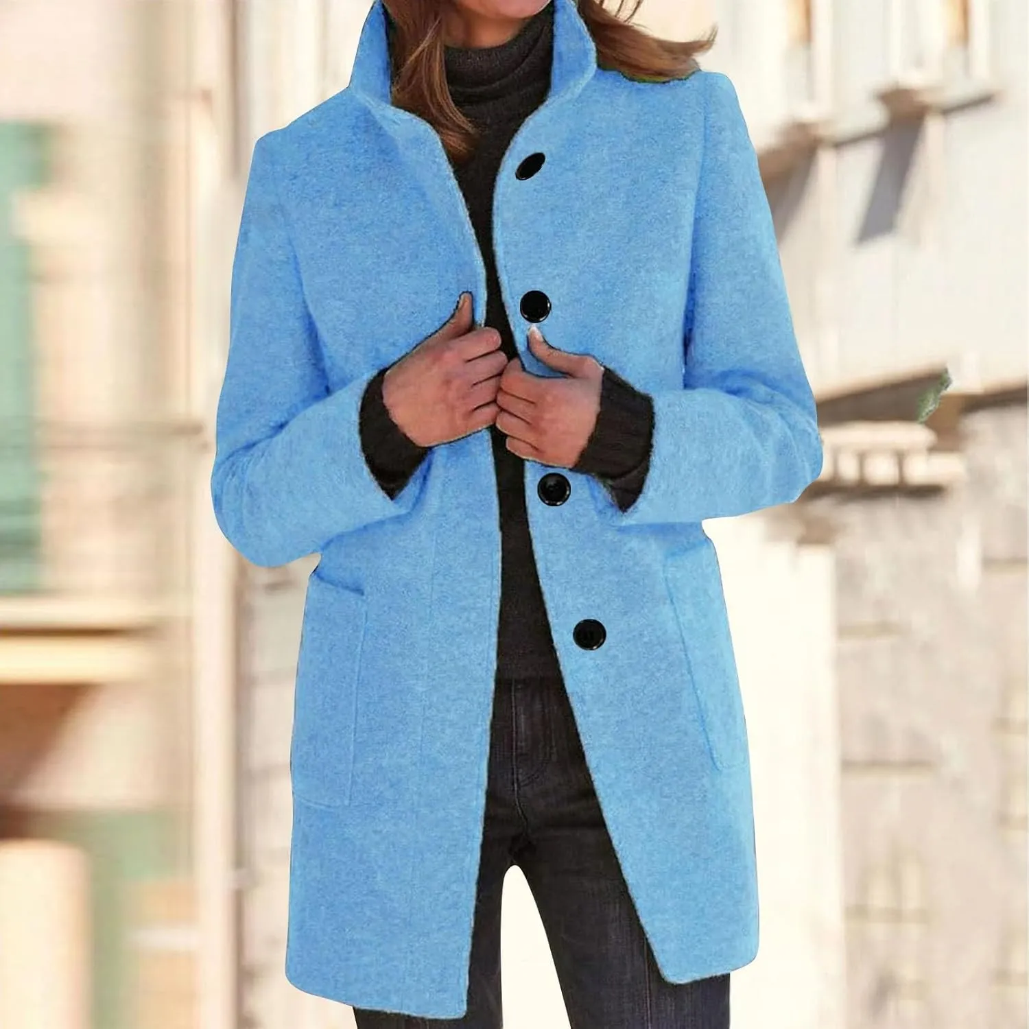 Women's Casual Thicken Wool Blend Stand Collar Single Breasted Pea Coat Women's Fashion Wool & Pea Coats 2024