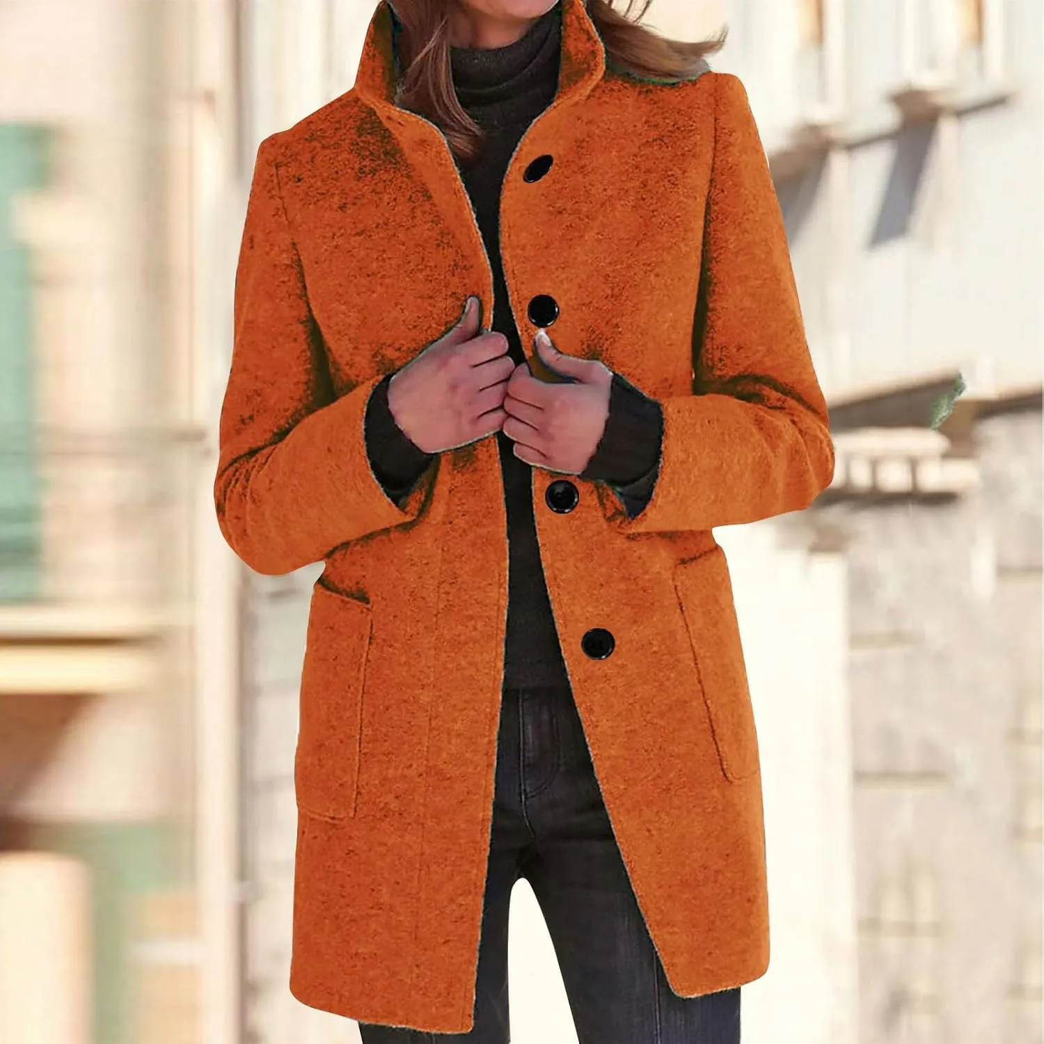 Women's Casual Thicken Wool Blend Stand Collar Single Breasted Pea Coat Women's Fashion Wool & Pea Coats 2024