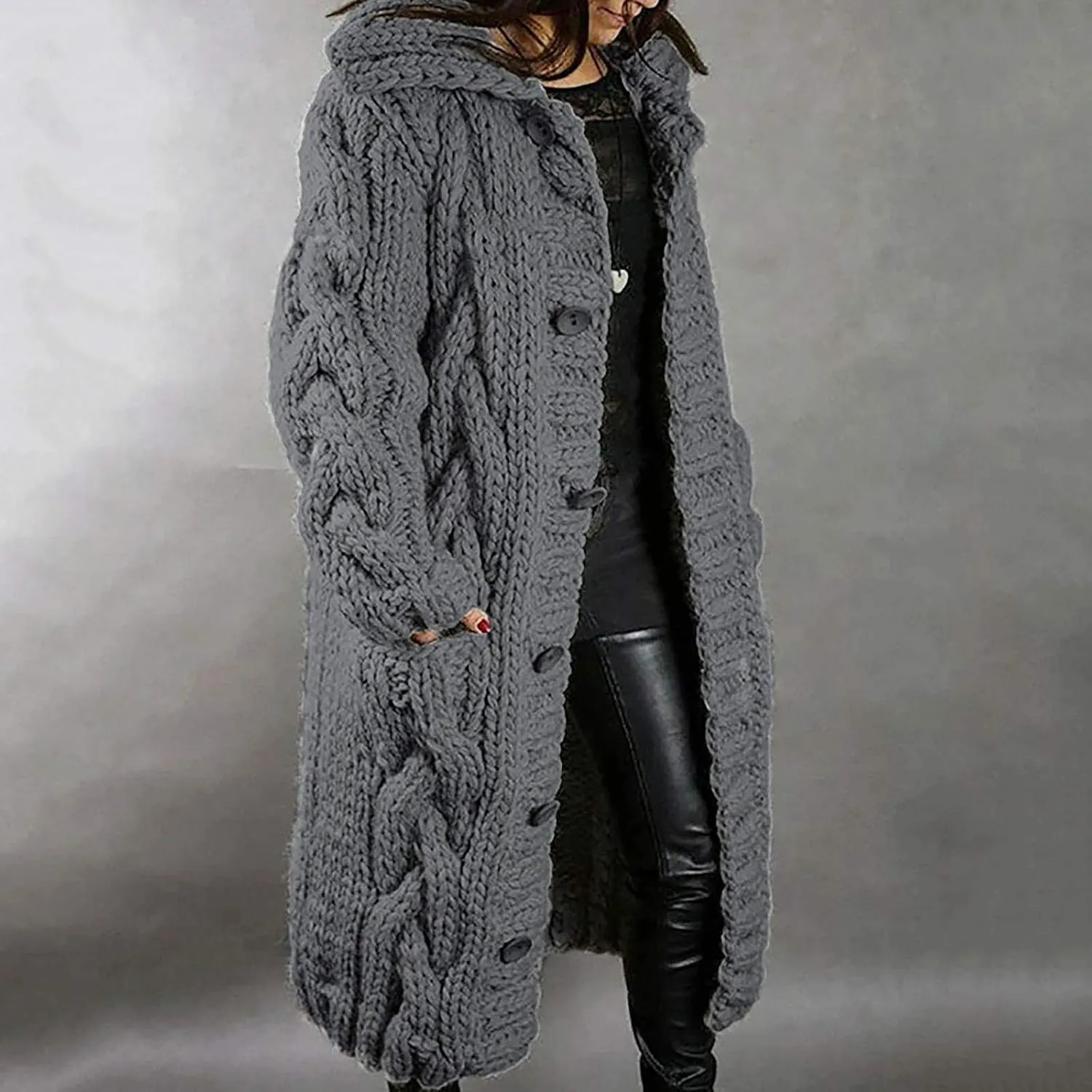 Women's Chunky Cable Knit Hooded Long Cardigans Button Down Solid Color Heavy Sweater Jackets with Pockets Outerwear