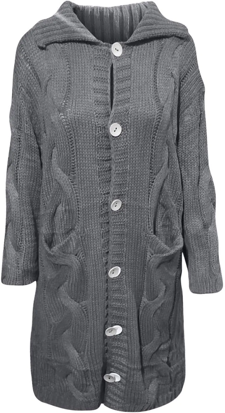 Women's Chunky Cable Knit Hooded Long Cardigans Button Down Solid Color Heavy Sweater Jackets with Pockets Outerwear