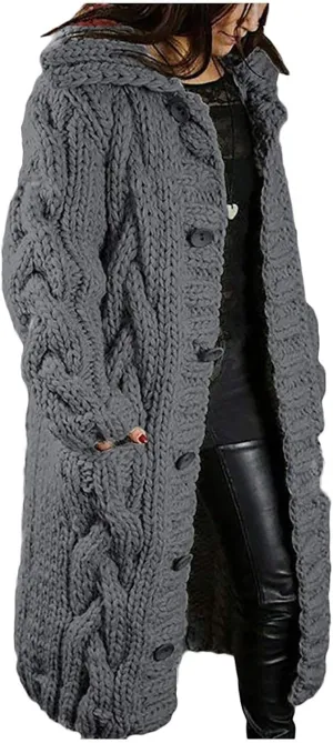 Women's Chunky Cable Knit Hooded Long Cardigans Button Down Solid Color Heavy Sweater Jackets with Pockets Outerwear