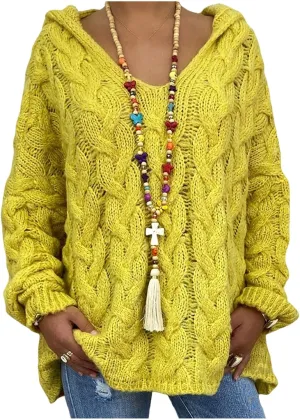 Womens Chunky Cable Knit Hooded Sweater Casual Loose V Neck Long Sleeve Pullover Hoodie Sweaters Winter Clothes 2024 Yellow