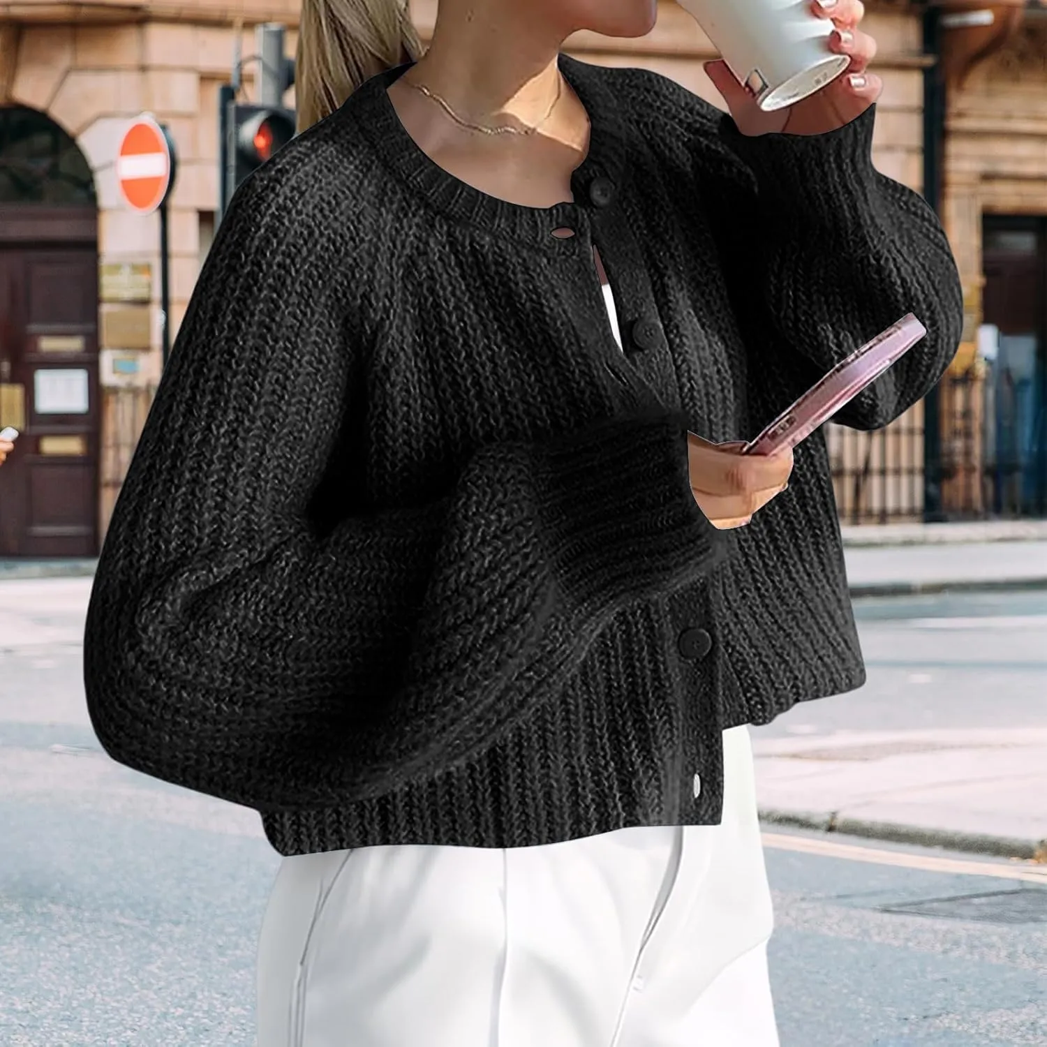 Womens Chunky Knit Cropped Cardigan Botton Down Sweater Casual Open Front Coat Outerwear Jacket Winter