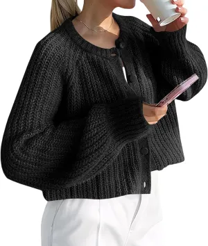 Womens Chunky Knit Cropped Cardigan Botton Down Sweater Casual Open Front Coat Outerwear Jacket Winter