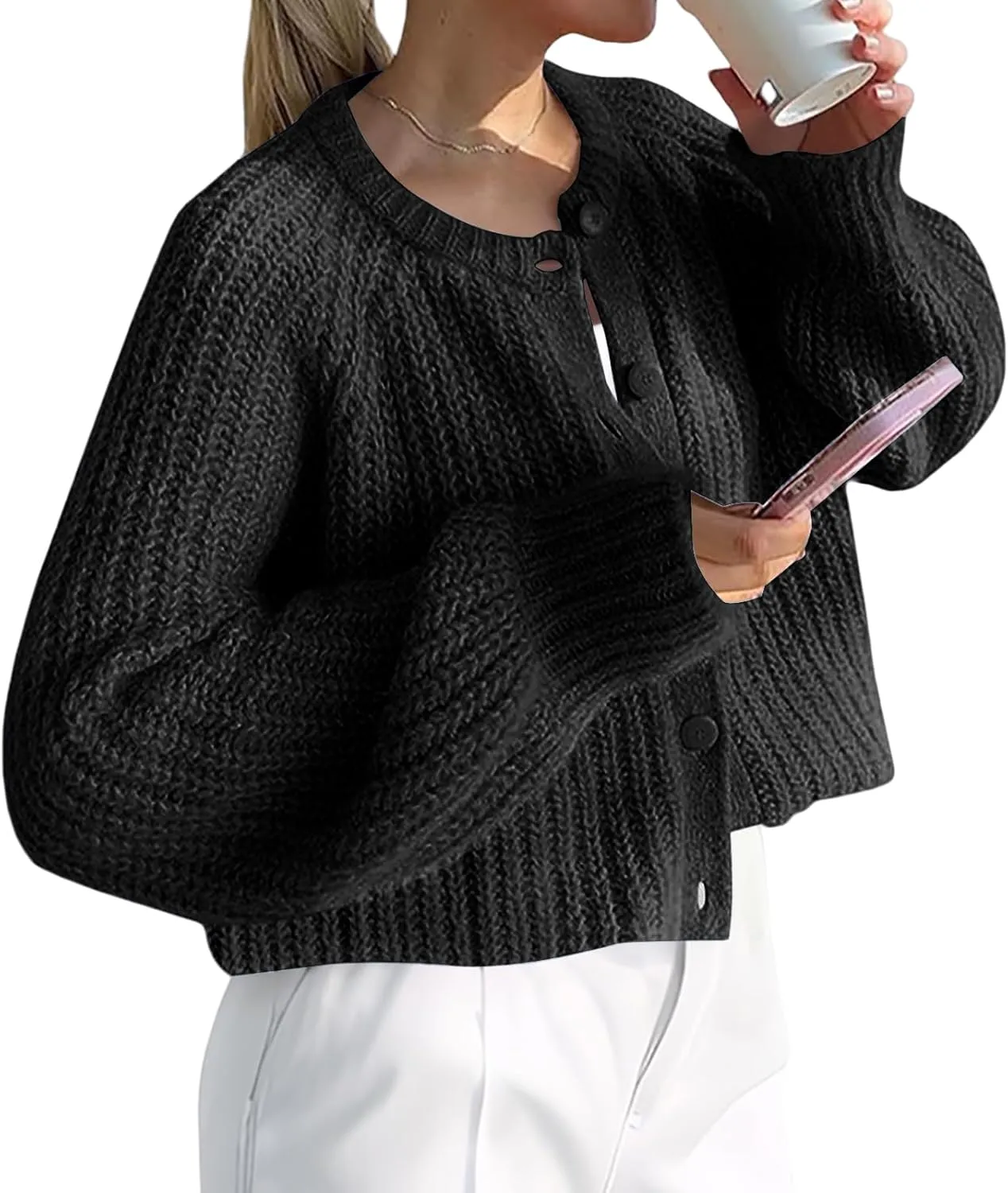 Womens Chunky Knit Cropped Cardigan Botton Down Sweater Casual Open Front Coat Outerwear Jacket Winter
