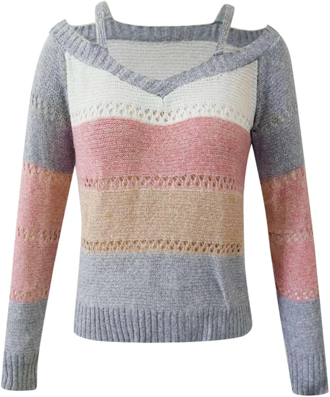 Womens Color Block Off The Shoulder Pullover Sweaters Long Sleeve Cable Knit Chunky Jumpers Tunic Tops Winter Outwear