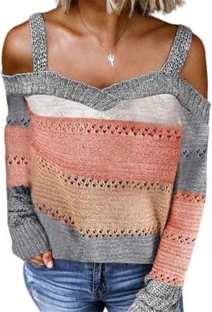 Womens Color Block Off The Shoulder Pullover Sweaters Long Sleeve Cable Knit Chunky Jumpers Tunic Tops Winter Outwear
