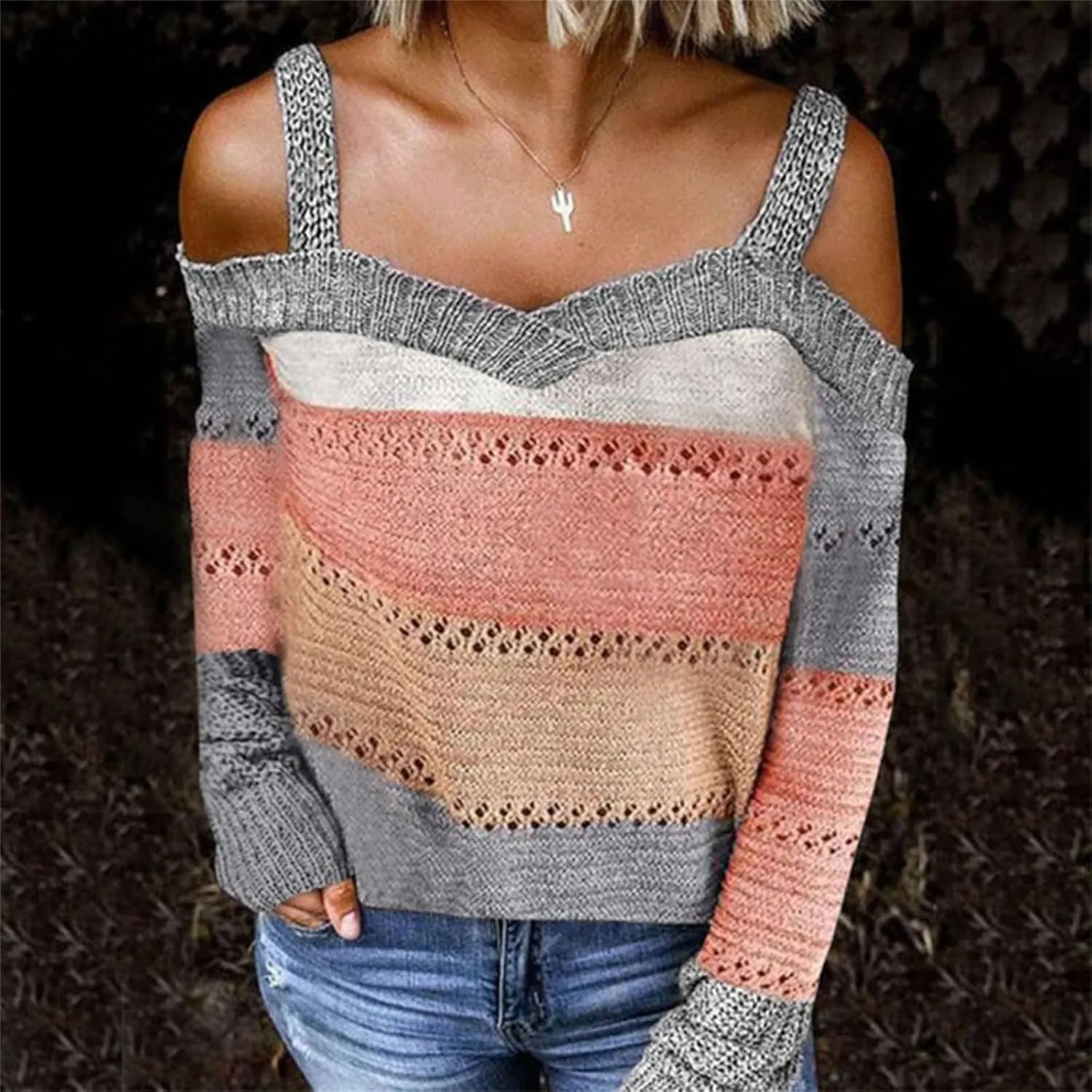 Womens Color Block Off The Shoulder Pullover Sweaters Long Sleeve Cable Knit Chunky Jumpers Tunic Tops Winter Outwear
