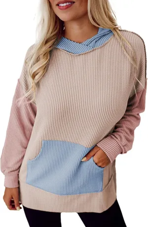 Womens Corduroy Hoodies Autumn Color Block Hooded Long Sleeve High Low Irregular Hem Sweatshirts Casual Workout Tops