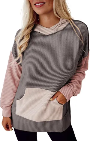 Womens Corduroy Hoodies Autumn Color Block Hooded Long Sleeve High Low Irregular Hem Sweatshirts Casual Workout Tops