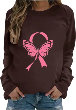 Womens Crewneck Oversized Sweatshirts Pink Ribbon Butterfly Print Shirts for Women Fall Tunic Tops Soft Cute Clothes