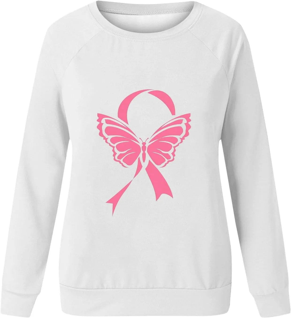 Womens Crewneck Oversized Sweatshirts Pink Ribbon Butterfly Print Shirts for Women Fall Tunic Tops Soft Cute Clothes