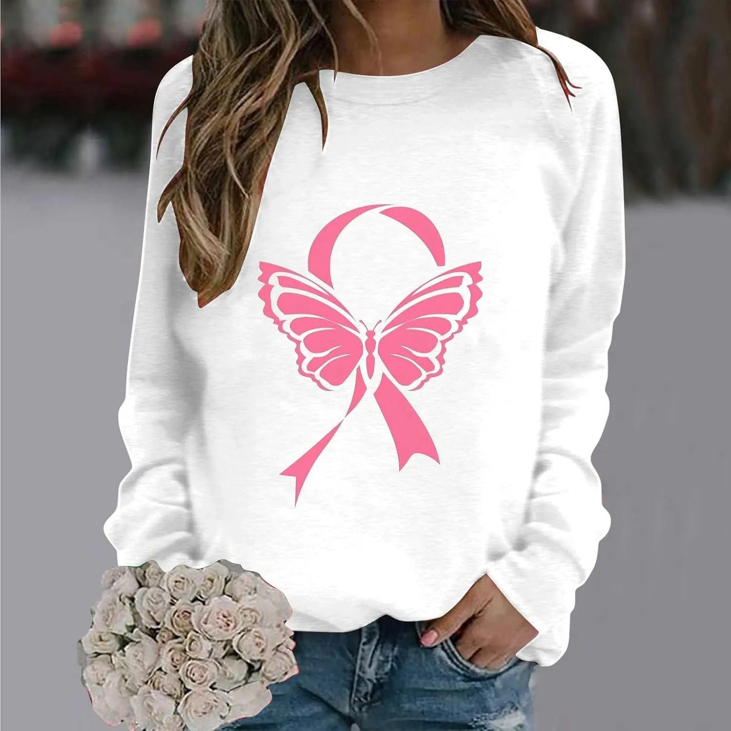 Womens Crewneck Oversized Sweatshirts Pink Ribbon Butterfly Print Shirts for Women Fall Tunic Tops Soft Cute Clothes