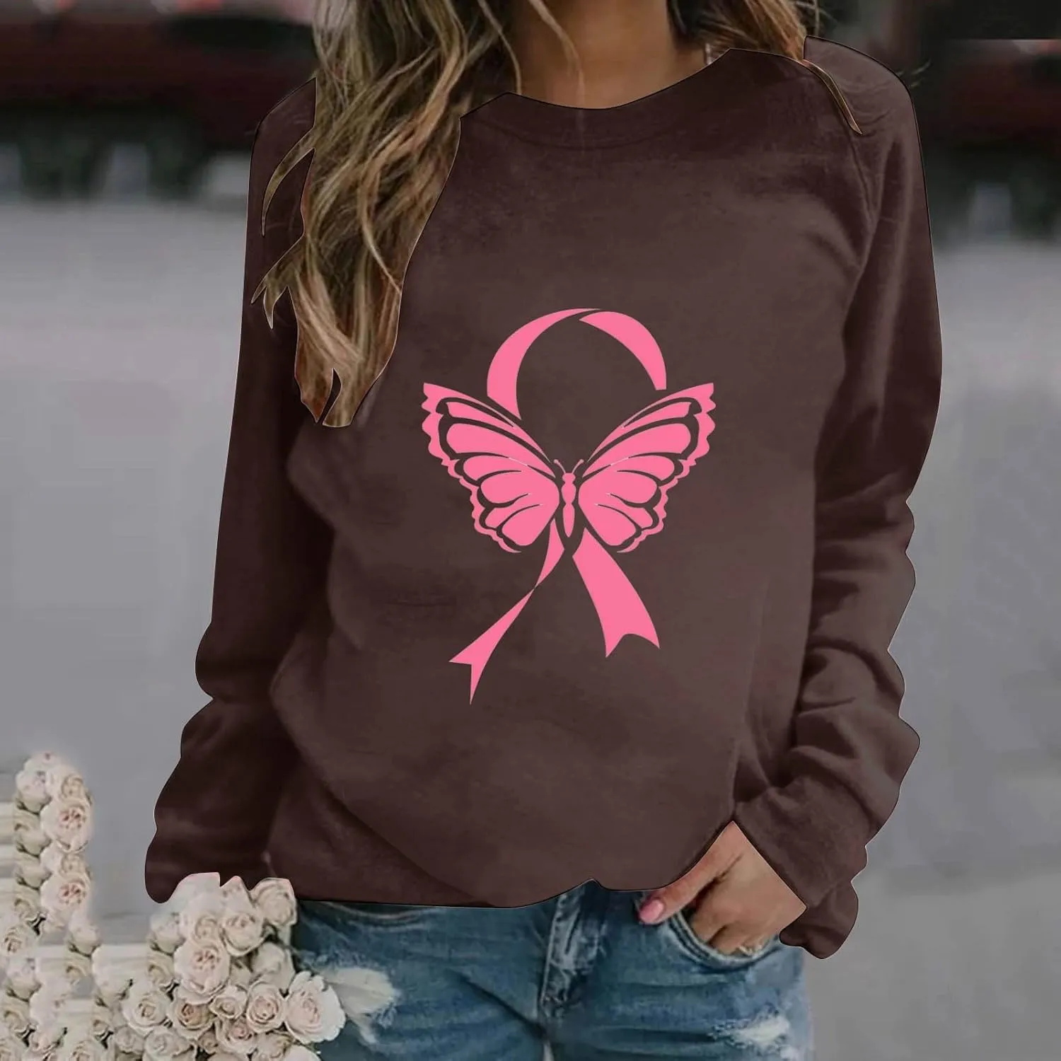 Womens Crewneck Oversized Sweatshirts Pink Ribbon Butterfly Print Shirts for Women Fall Tunic Tops Soft Cute Clothes
