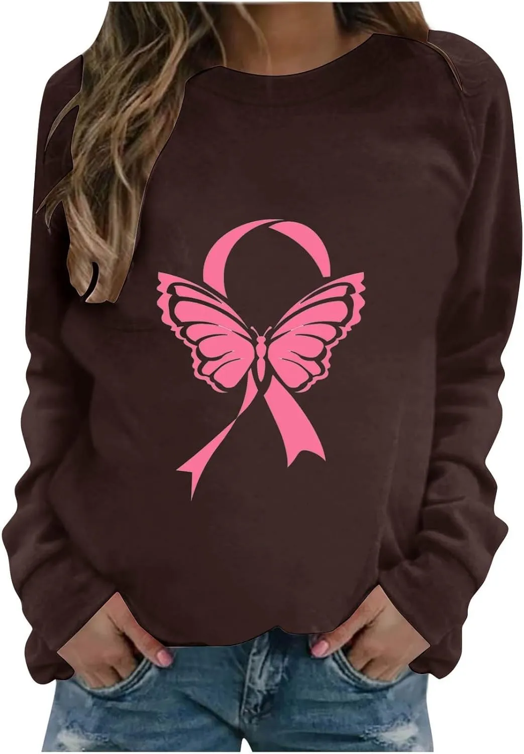 Womens Crewneck Oversized Sweatshirts Pink Ribbon Butterfly Print Shirts for Women Fall Tunic Tops Soft Cute Clothes