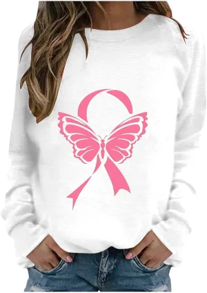 Womens Crewneck Oversized Sweatshirts Pink Ribbon Butterfly Print Shirts for Women Fall Tunic Tops Soft Cute Clothes