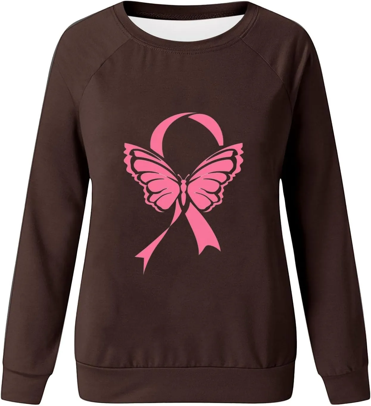 Womens Crewneck Oversized Sweatshirts Pink Ribbon Butterfly Print Shirts for Women Fall Tunic Tops Soft Cute Clothes