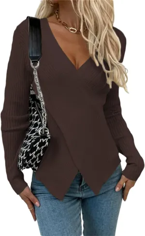 Women's Criss Cross Deep V Neck Long Sleeve Sweaters Pullover Knitted Sweater Casual Sexy Slim Slit Hem Jumper Tops