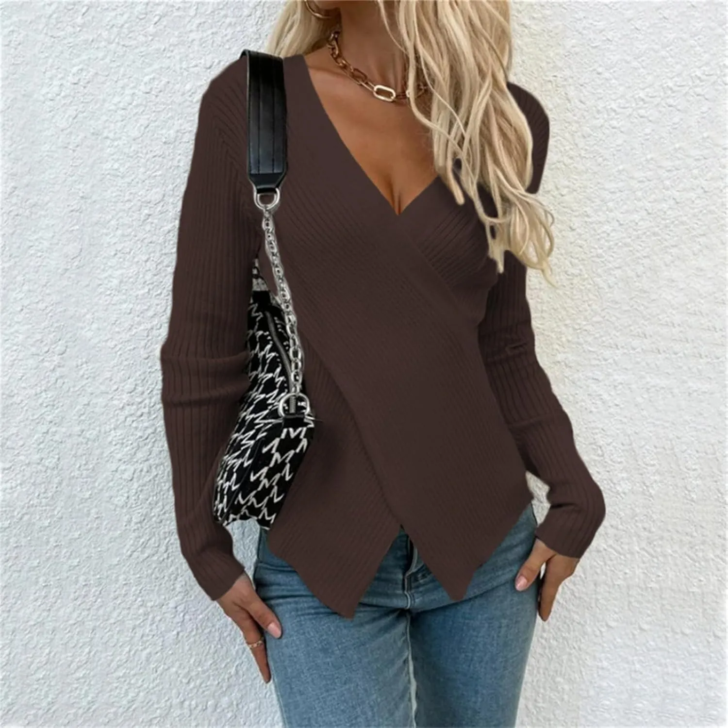 Women's Criss Cross Deep V Neck Long Sleeve Sweaters Pullover Knitted Sweater Casual Sexy Slim Slit Hem Jumper Tops
