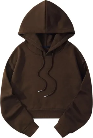 Womens Cropped Fashion Hoodies Long Sleeves Drawstring Sweatshirts 2024 Fall Fleece Solid Color Outfits Clothes