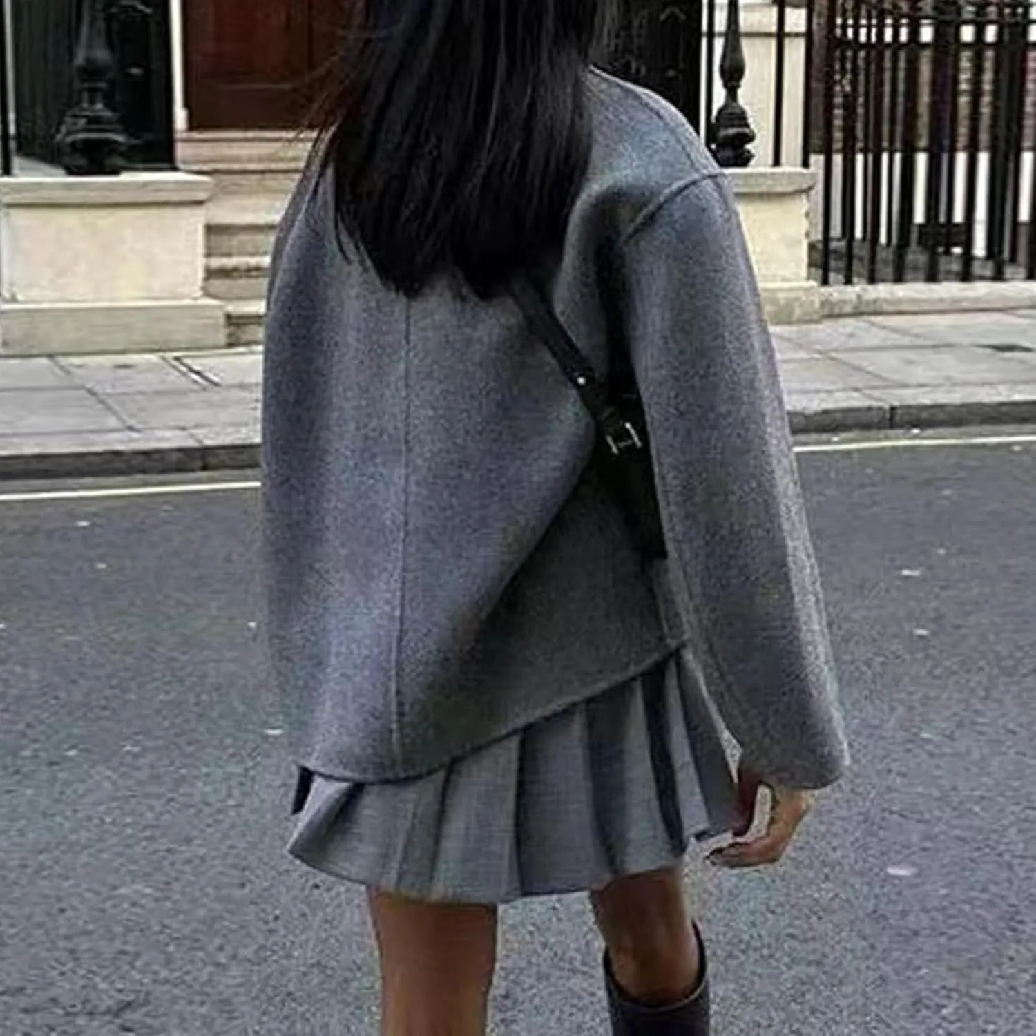 Womens Cropped Pea Coats Double Breasted Wool Blend Coat Casual Long Sleeve Jackets Winter Warm Outerwear