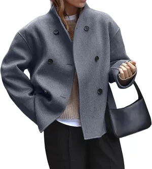 Womens Cropped Pea Coats Double Breasted Wool Blend Coat Casual Long Sleeve Jackets Winter Warm Outerwear