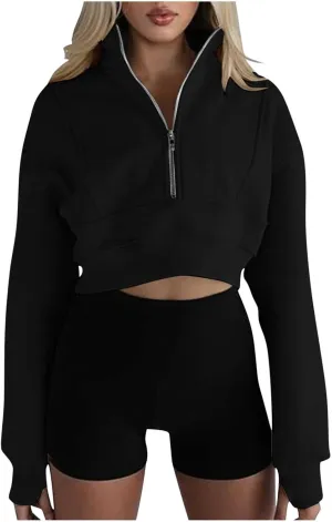 Womens Cropped Sweatshirts Zip Up High Neck Pullover Shirts Fleece Lined Teen Girls Y2k Clothes 2024