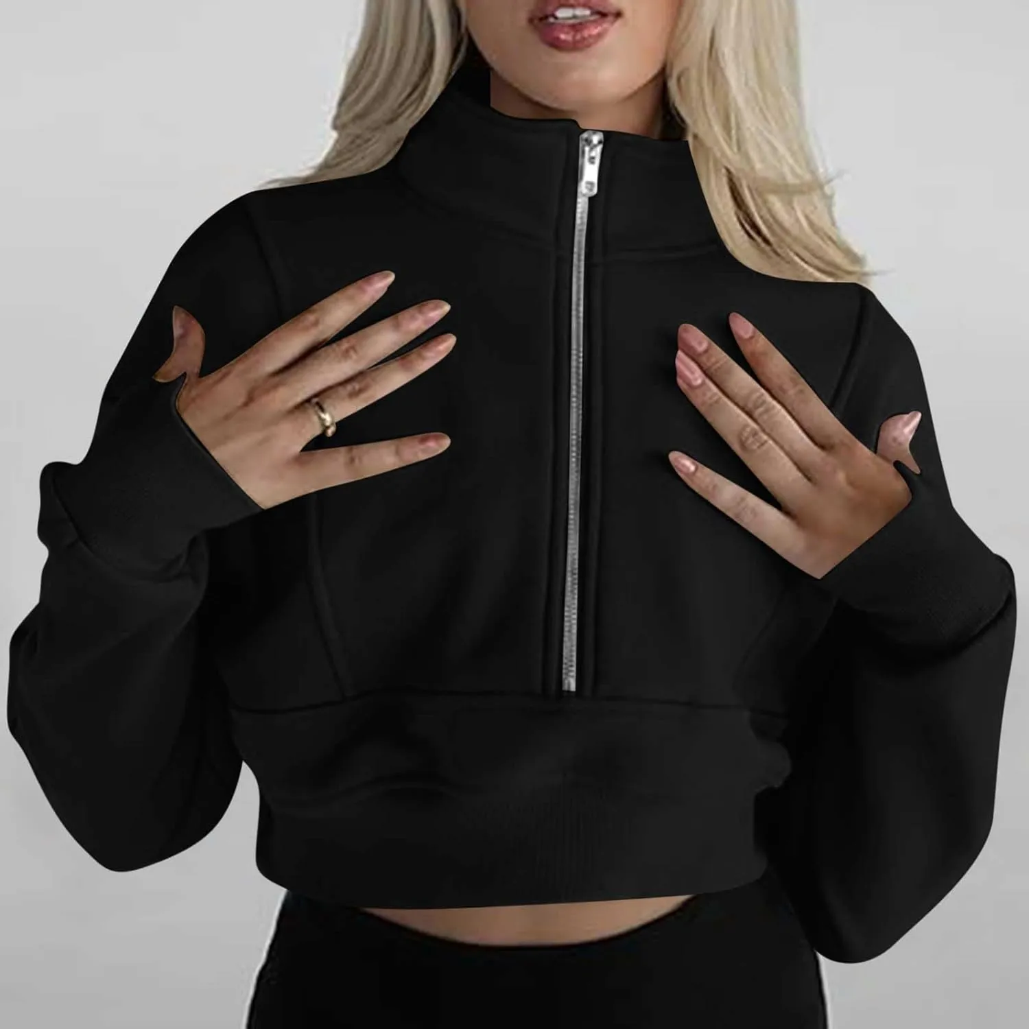 Womens Cropped Sweatshirts Zip Up High Neck Pullover Shirts Fleece Lined Teen Girls Y2k Clothes 2024