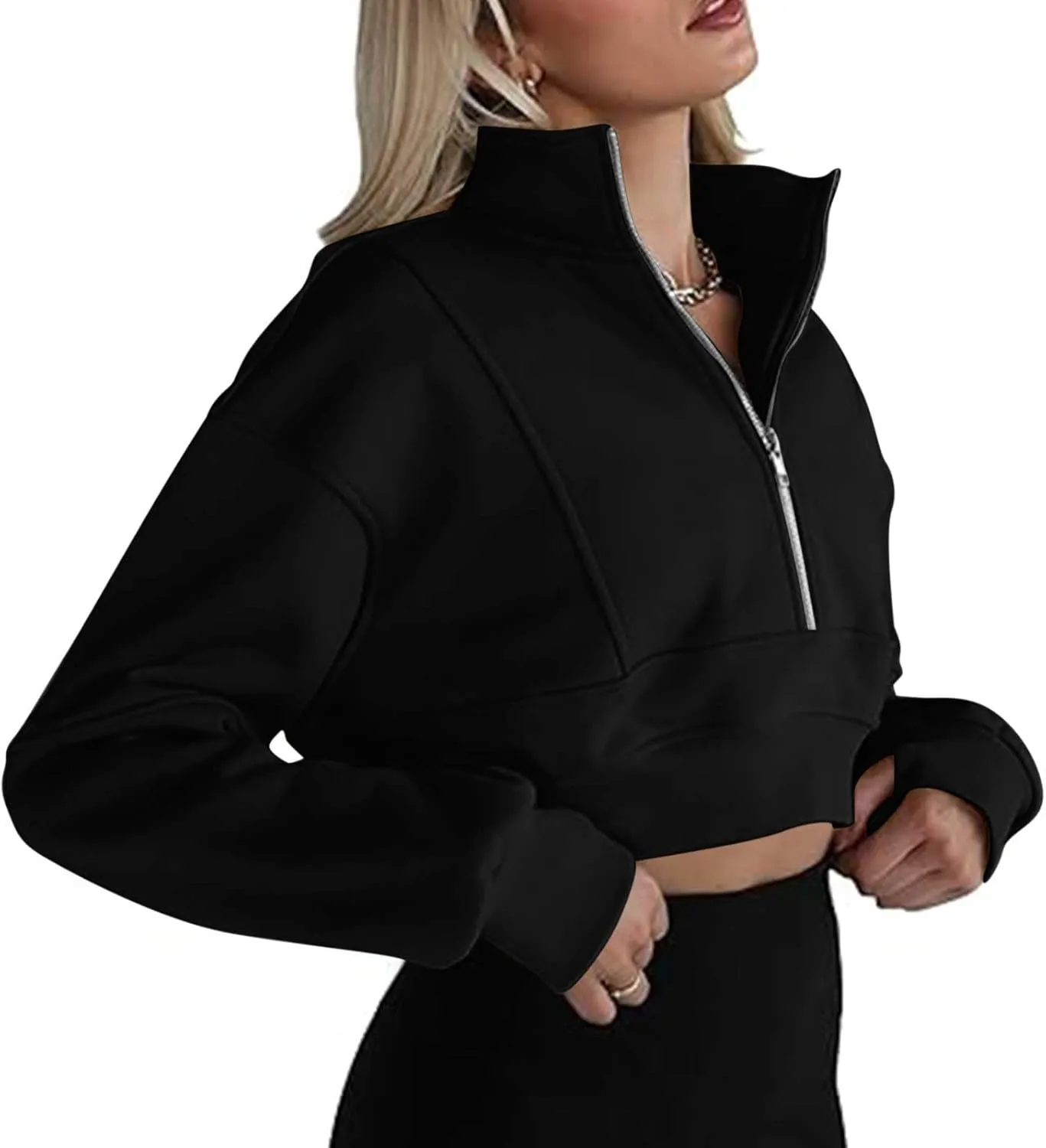 Womens Cropped Sweatshirts Zip Up High Neck Pullover Shirts Fleece Lined Teen Girls Y2k Clothes 2024