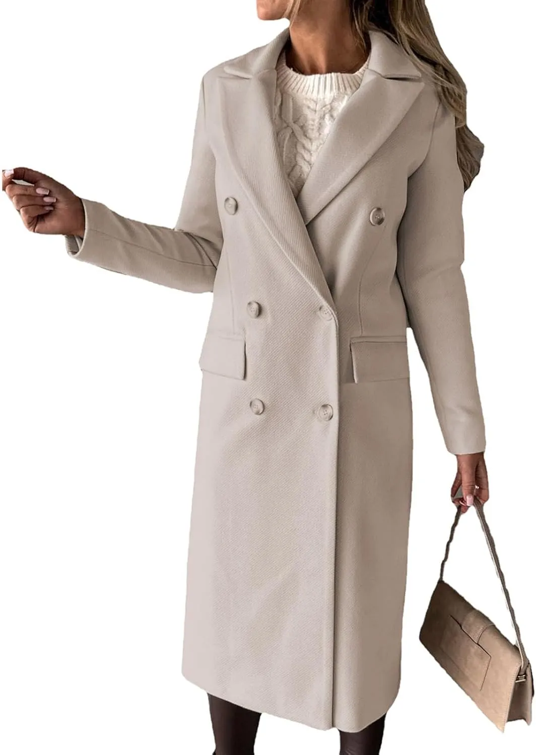 Womens Double Breasted Long Wool Coats Casual Notch Lapel Pea Coat Winter Wool Blend Peacoat Blazer Jackets Outwear