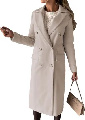 Womens Double Breasted Long Wool Coats Casual Notch Lapel Pea Coat Winter Wool Blend Peacoat Blazer Jackets Outwear