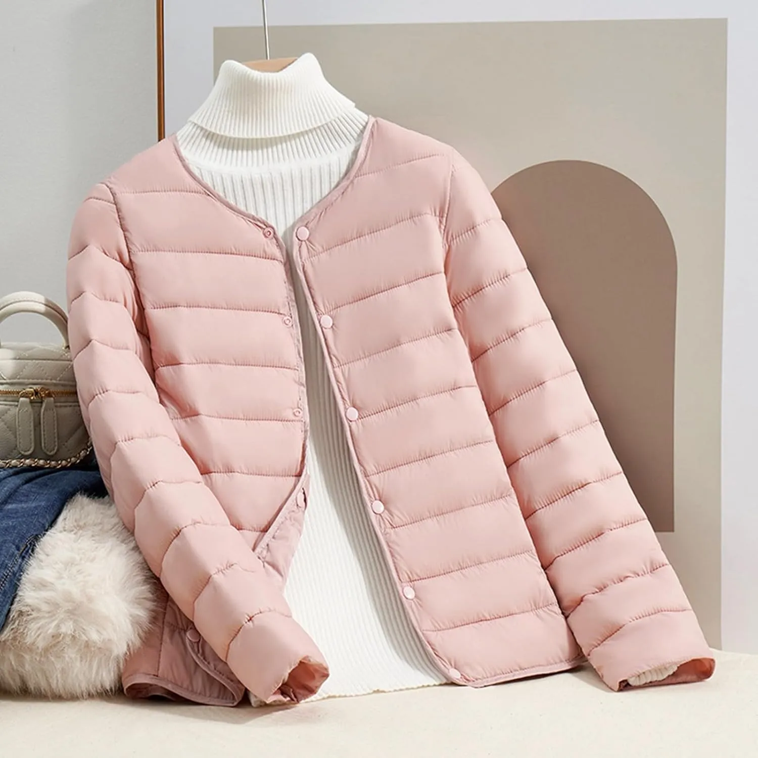 Women's Down Jacket, Water-Resistant Puffer Jacket Fall Coat with Round Neck&V-Neck