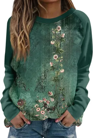 Womens Fall Fashion 2024 Floral Print Crewneck Vintage Sweatshirts Long Sleeve Plus Size Loose Fit Sweater Clothing