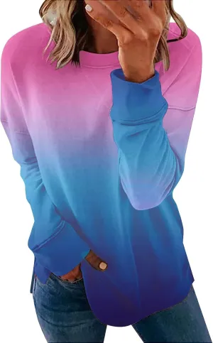 Womens Fall Fashion Sweatshirt Long Sleeve Crewneck Graphic Pullover Trendy Gradient Color Tops Comfort Winter Clothes