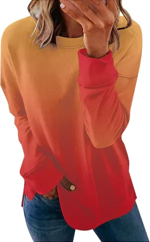 Womens Fall Fashion Sweatshirt Long Sleeve Crewneck Graphic Pullover Trendy Gradient Color Tops Comfort Winter Clothes